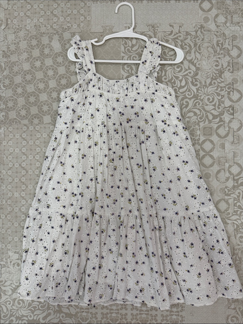 Zara White Eyelet Dress with Purple Floral Print